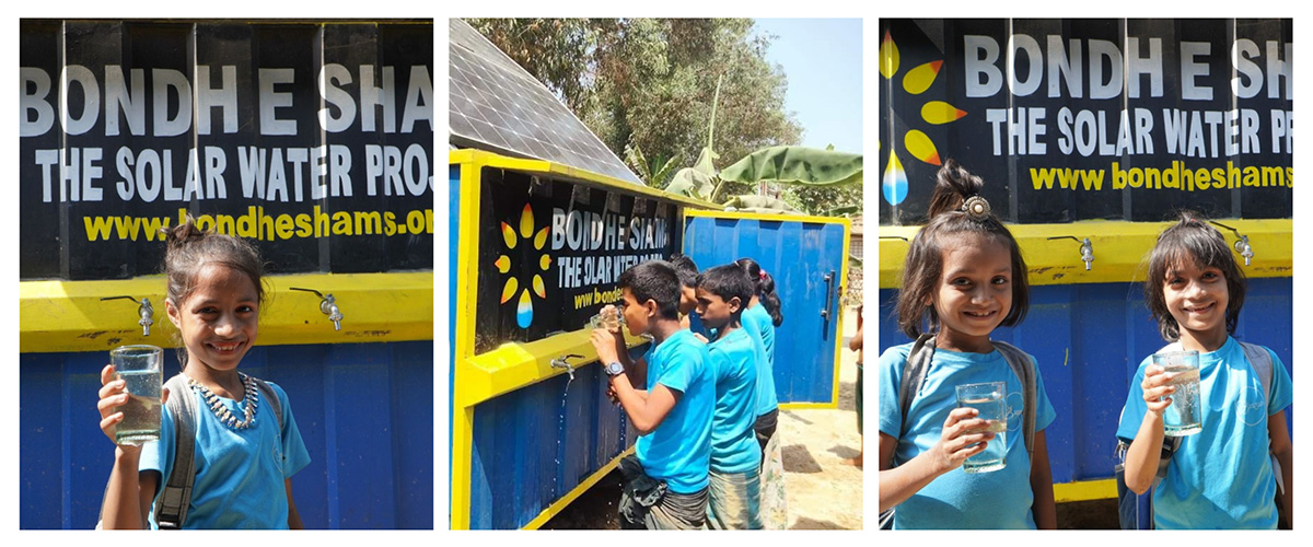 A series of three images featuring children at a solar water project station. On the left, a girl in a blue shirt smiles, holding a glass of water. The middle shows boys in blue shirts drinking water from taps. On the right, two girls hold glasses of water, standing in front of the OASIS Box