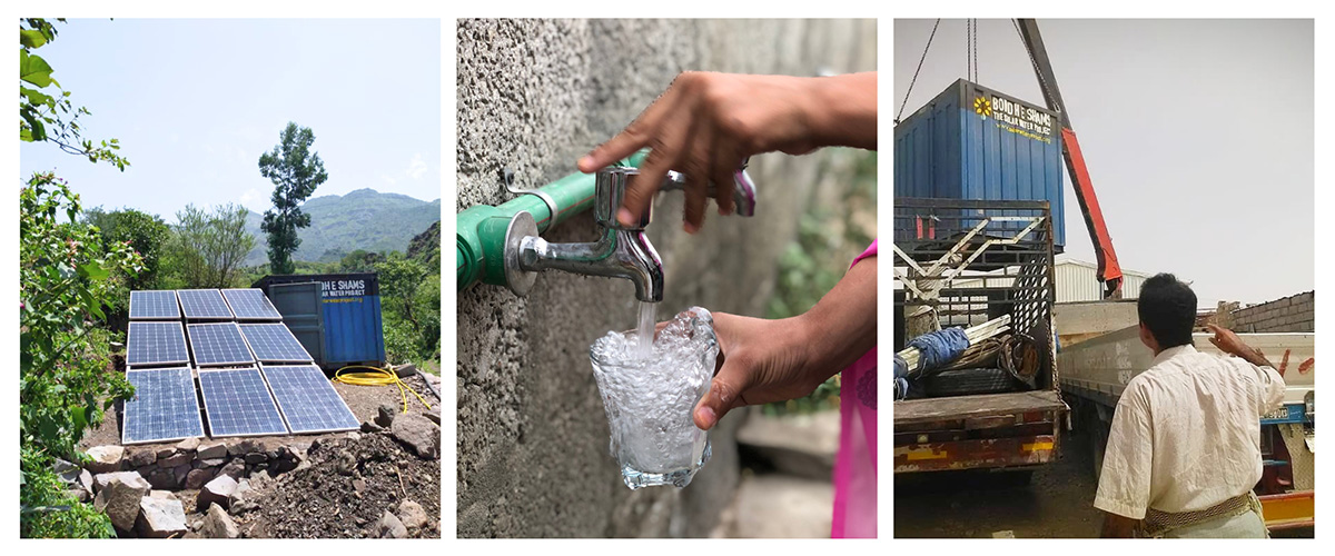 Three images showcasing water accessibility. The left image shows solar panels beside a blue container in a rocky terrain with lush hills in the background. The center image captures hands filling a glass from a tap. The right image depicts a person watching a solar water station being hoisted by a crane onto a truck