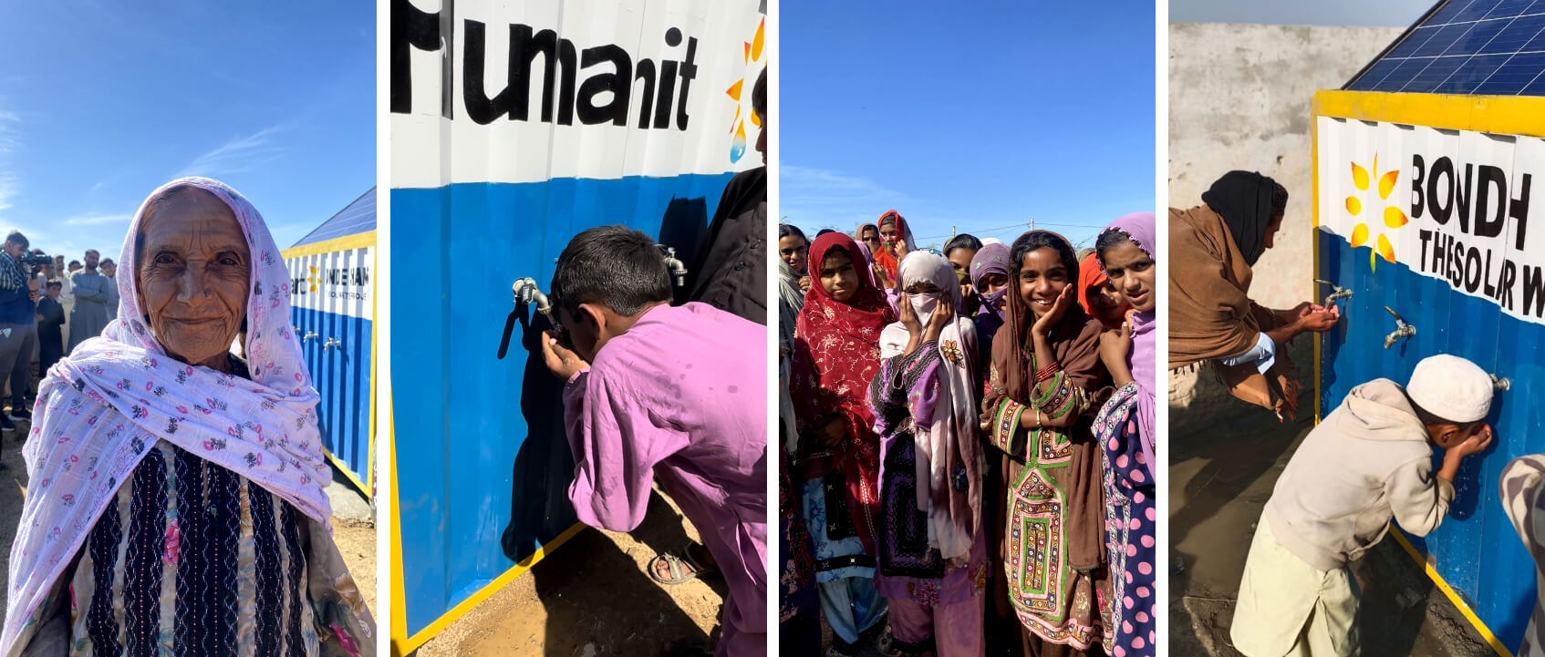 A panoramic image showing different individuals benefiting from the OASIS Box. On the left, an elderly woman with a gentle smile stands in front of the box.. The middle section shows a boy in pink, drinking water directly from a tap installed in the OASIS box. On the right, a group of women and children, some in vibrant clothing, stand near the water taps, while a boy in a white cap fills his container